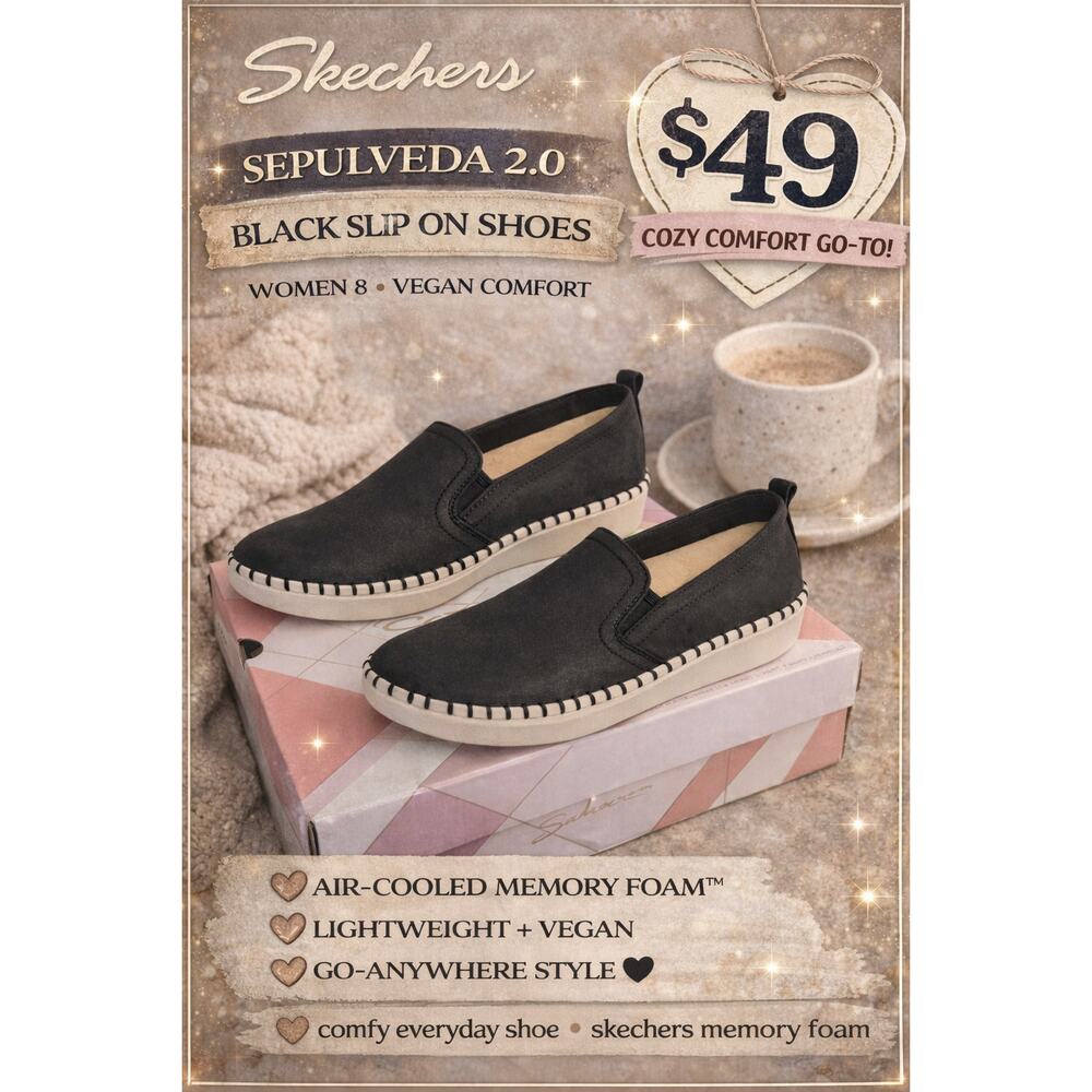 Skechers Sepulveda 2.0 Black Slip On Shoes Women 8 Vegan Comfort
